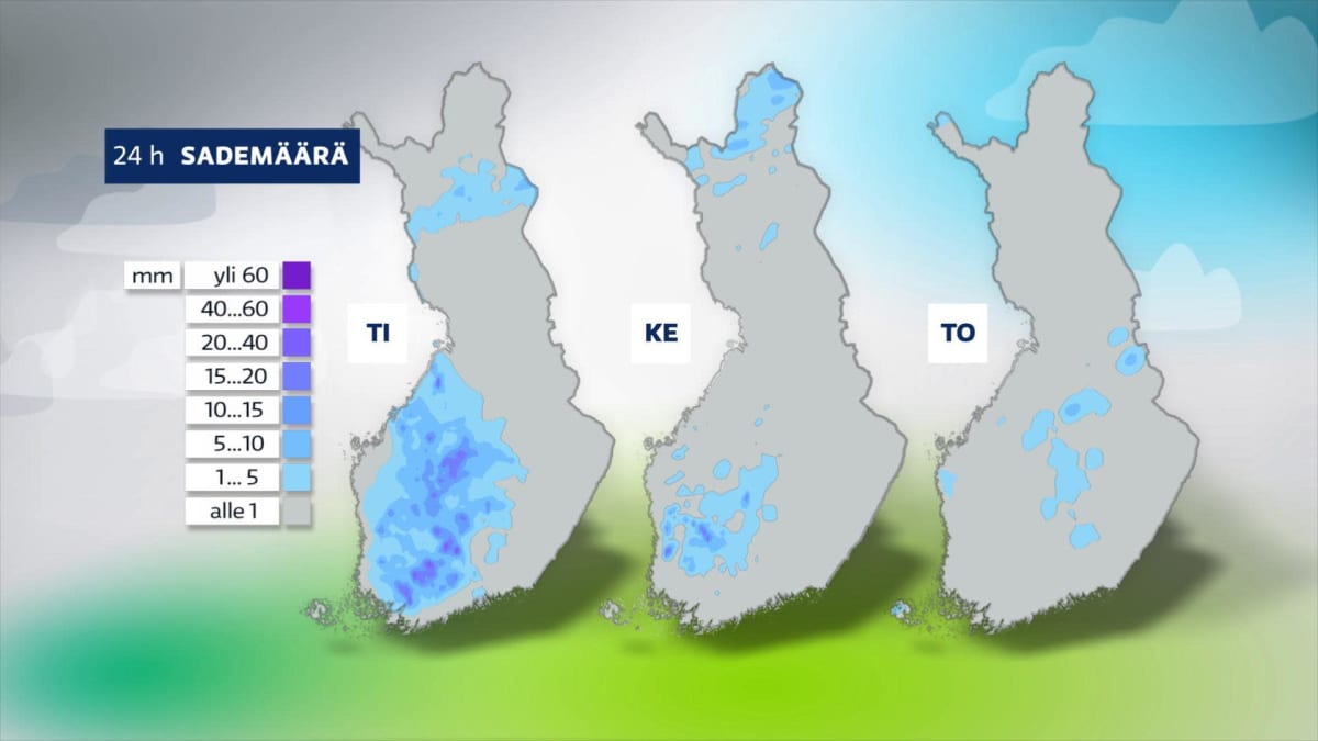 Sääkartta ennustaa tiistaille kuurosateita Länsi-Suomeen, mutta viikon edettä kuurot vähenevät.