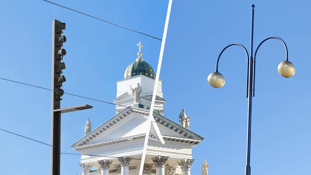 Vertailukuvassa on Senaatintorin uudesta valaisimesta 3D-mallinnus vasemmalla ja vanha valaisin oikealla.