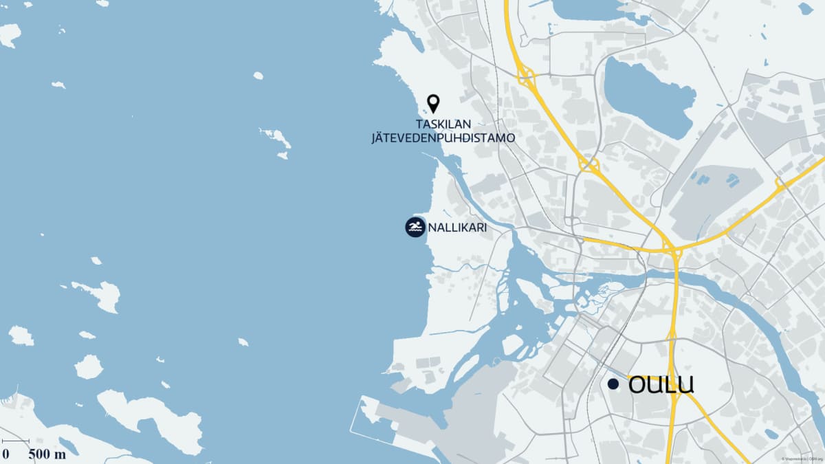 Kartta, jossa näkyy Oulun keskusta, Nallikarin uimaranta ja Taskilan jätevedenpuhdistamo.