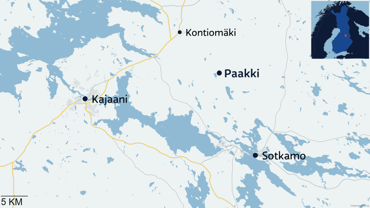 Kartta, jossa näkyy Paakin kylä, Kajaani, Sotkamo ja Kontiomäen kylä.
