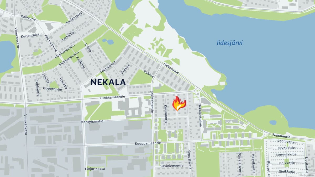 Karttakuvaa Tampereen Nekalasta. Kuvaan merkattu liekkikuviolla arvioitu palopaikka.
