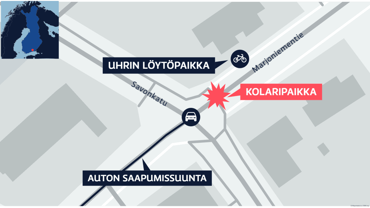 Kartta näyttää Savonkadun ja Marjoniementien risteyksessä tapahtuneen auton ja pyörän välisen kolarin.