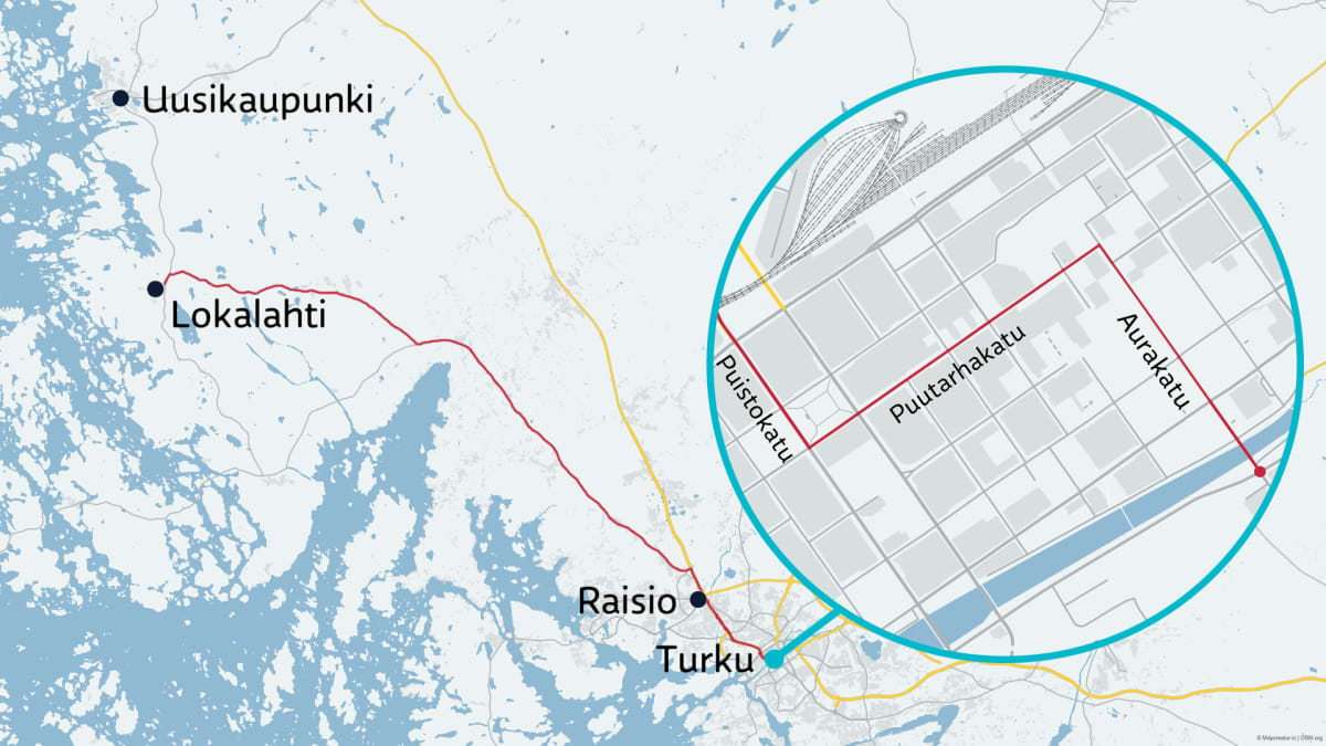 Kartta kaahailijan reitistä Lokalahdelta Turkuun.