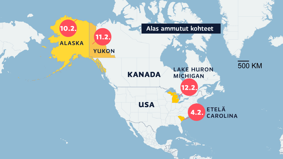 Alasammutut kohteet kartalla. Alaska, Ykon, Michigan ja Etelä Carolina