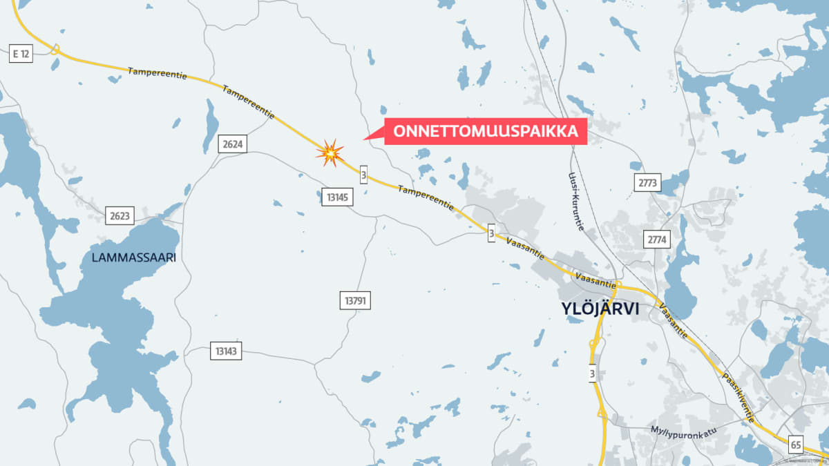 Karttakuvaa Hämeenkyrön ja Ylöjärven rajalla tapahtuneesta onnettomuudesta.