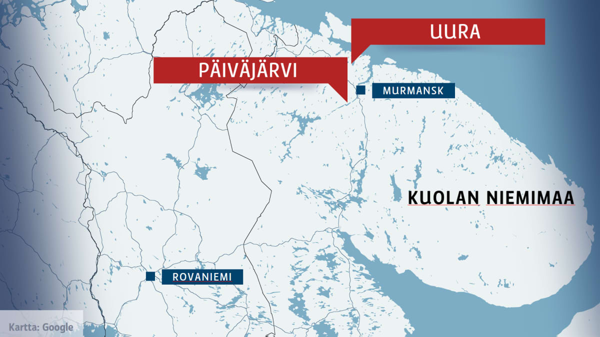 Karttagrafiikka, jossa Murmanskin sekä Päivärven ja Uuraan kylien sijainnit Kuolan niemimaalla.