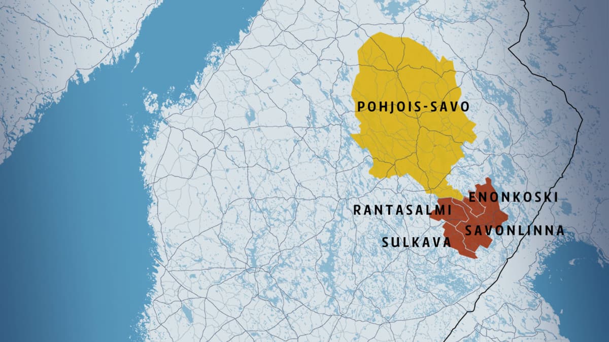 Pohjois-Savo ja osa Itä-Savon kunnista kartalla.