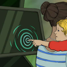 Lapsi koskettaa tietokoneen ruutua äitinsä olan yli.