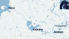 Kartalla näkyvät Oulu, Kajaani, Kuhmo ja Vuosanka.
