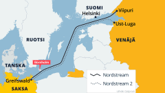 Nord Stream 1 ja 2 kaasuputkien reitti itämerellä, kartta.