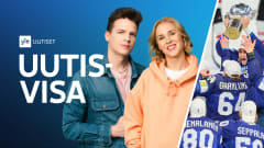 Uutisvisa. Kuvassa toimittajat Antti Kurra ja Sara Salmi. Valtteri Filppula nostaa jääkiekon MM-kisojen pokaalia.