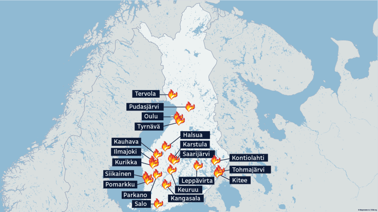 Suomen kartta, johon merkitty paloalueita.