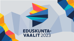 Eduskuntavaalien 2023-logo harmahtavalla pohjalla