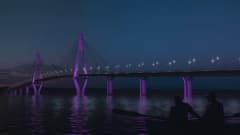 Havainnekuva Raippaluodon sillasta violetissa valaistuksessa pimeän aikaan. Kuvan edustalle on visualisoitu kaksi ihmistä soutuveneessä.