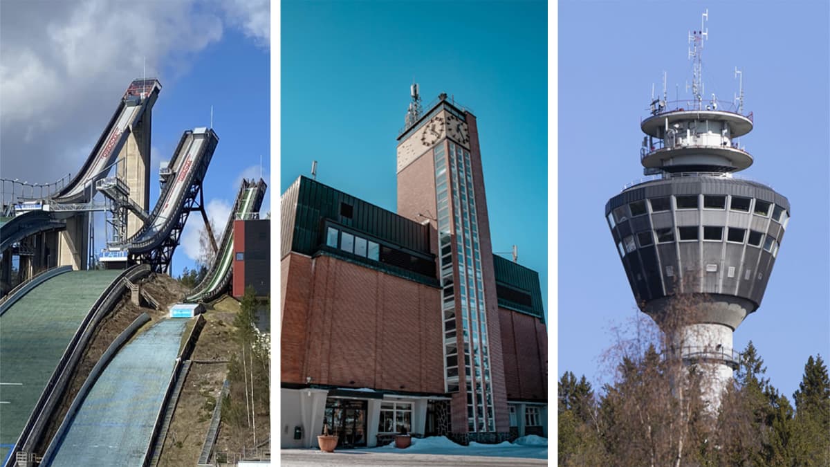 Yhdistelmäkuva Lahden hyppyrimäestä, Puijon tornista ja Harjun tornista.