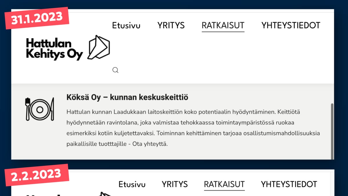 Ruudunkaappaus Hattulan Kehitys Oy:n verkkosivuilta tammikuun lopusta ja helmikuun alusta 2023