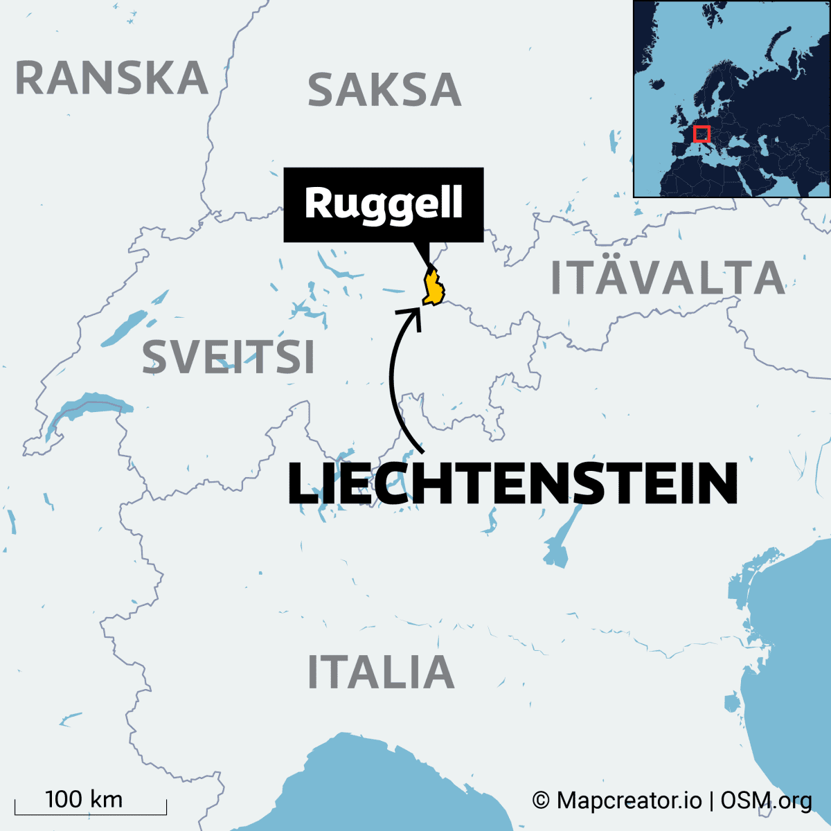 Karttakuva Euroopan keskellä sijaitsevasta Liechtensteinista ja siellä sijaisevasta Ruggellin kunnasta
