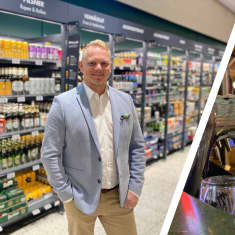 Kuvakollaasi, jossa vasemmalla SOK-markettikaupan myyntipäällikkö Juha Nieminen juomahyllyjen edessä Triplan Prismassa. Oikealla Om'pu baarin työntekijä Jenny Koivukoski laskee olutta hanasta lasiin.