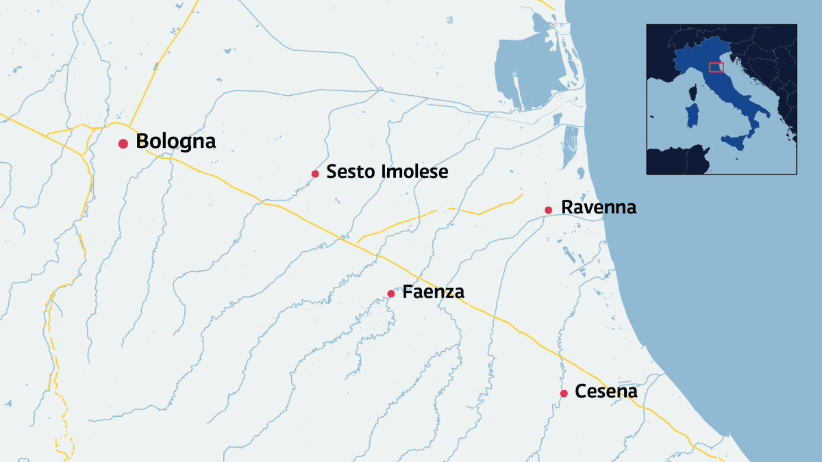 Kartalla Pohjois-Italian tulva-alueet Emilia-Romagnan hallintoalueella.
