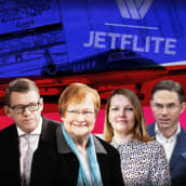 Kuvakollaasi, jossa Matti Vanhanen, Tarja Halonen, Mari Kiviniemi ja Jyrki Katainen. Taustalla lentokone ja otteita asiakirjoista.