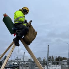 Elokapinan mielenosoittajia istuu kolmijalan päällä Metsä Groupin Kemin tehtaiden pääportin edustalla.
