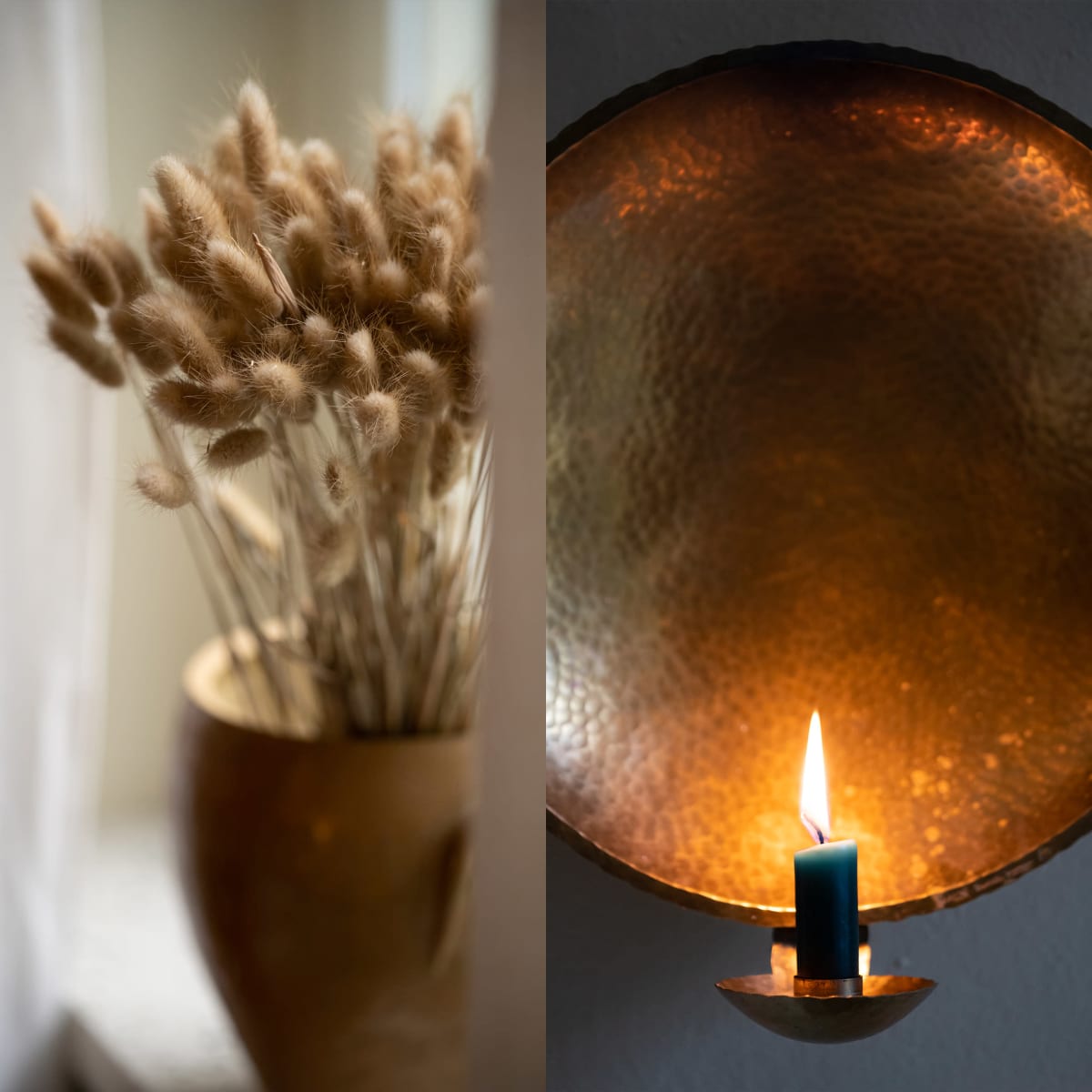 Kahden kuvan kollaasi, jossa toisessa heiniä maljakossa ja toisessa kynttilä lampetissa.
