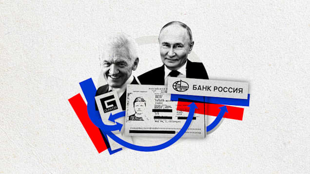 Kuvakollaasi venäläisten liikemiesten ja pankkien yhteyksiä öljy-yhtiö Gunvoriin ja Rossija-pankkiin.