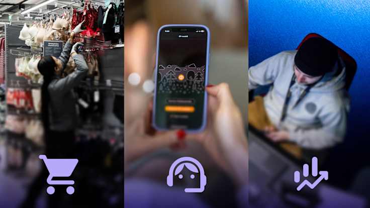 Kuvakombo jossa kolme alaa joissa suuri vaihtumisalttius: asiakaspalvelu,markkinointi, mainonta, media ja viestintä sekä myynti- ja kaupan ala.