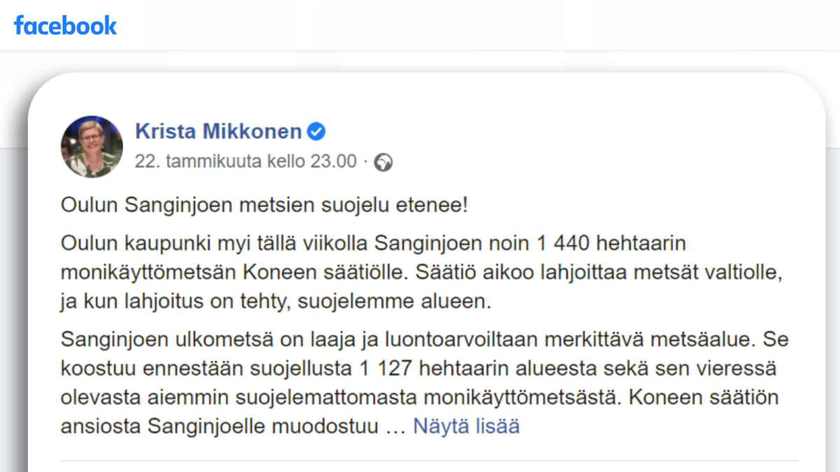 Kuvakaappaus Krista Mikkosen kommentista Facebookista