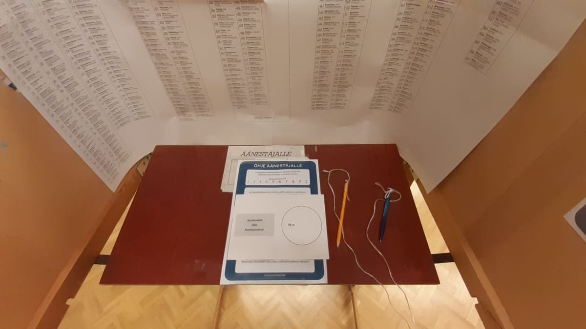 Äänestyslappu äänestyskopissa kuntavaaleissa 2021 Oulussa.