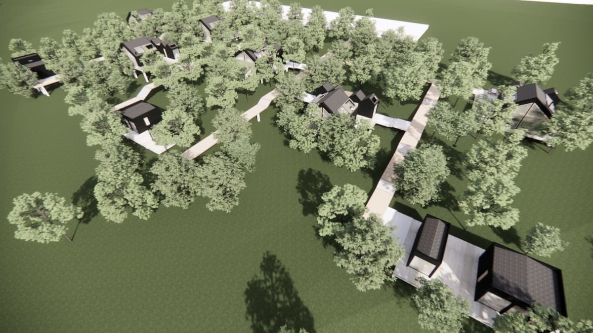 Ilorannan uudet metsävillat havainnekuvassa lintuperspektiivistä kuvattuna.