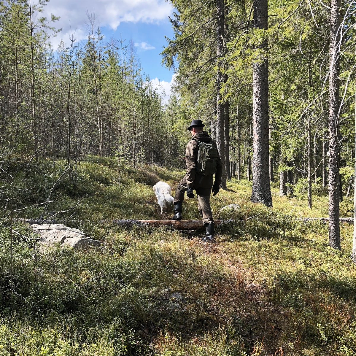 Kuvassa mies ja koira retkeilemässä metsässä