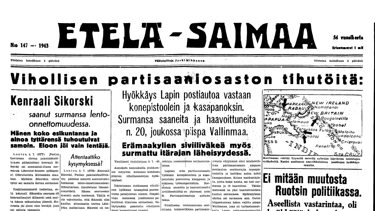 Sanomalehti Etelä-Saimaan etusivu 1943. Vihollisen partisaaniosaston tihutöitä.
