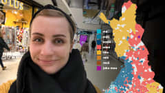 Nainen selfiessä, selfien vieressä Suomen kartta, joka näyttää eri väreillä alueita, joilla sanotaan mä, mää, mnää, minä, mie, miä, meä tai joku muu.