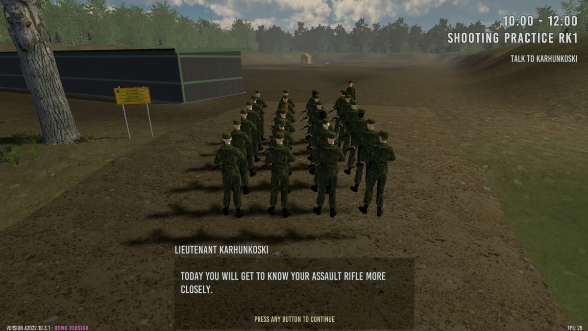 Kuvakaappaus Finnish Army Simulator -pelistä. Kuvassa näkyy sotilaita muodossa maastossa.
