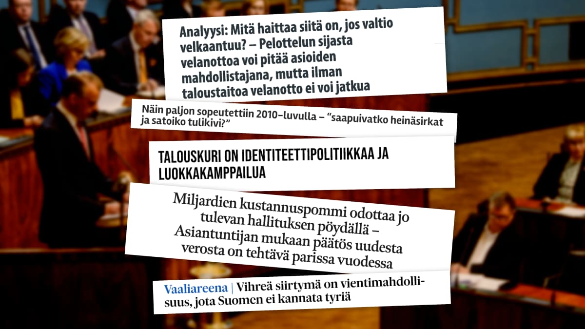 Leikkeitä epäselvistä uutisotsikoista: “Näin paljon sopeutettiin 2010-luvulla – “saapuivatko heinäsirkat ja satoiko tulikivi?”", ”Talouskuri on identiteetipolitikkaa ja luokkakamppailua”, “Miljardien kustannuspommi odottaa jo tulevan hallituksen pöydällä”.