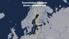 Grafiikka näyttää suunnitelman Itämeren alueen vetyverkosta.  Verkosto kulkisi Suomesta Pohjois-Ruotsiin sekä Baltian kautta Saksaan. Lisäksi verkosto kulkisi meren alla Suomesta ja Ruotsista Saksaan.