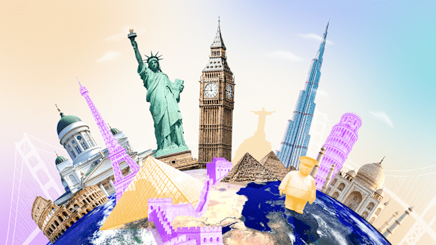 Maapallo, josta nousee erilaisia tunnettuja nähtävyyksiä.