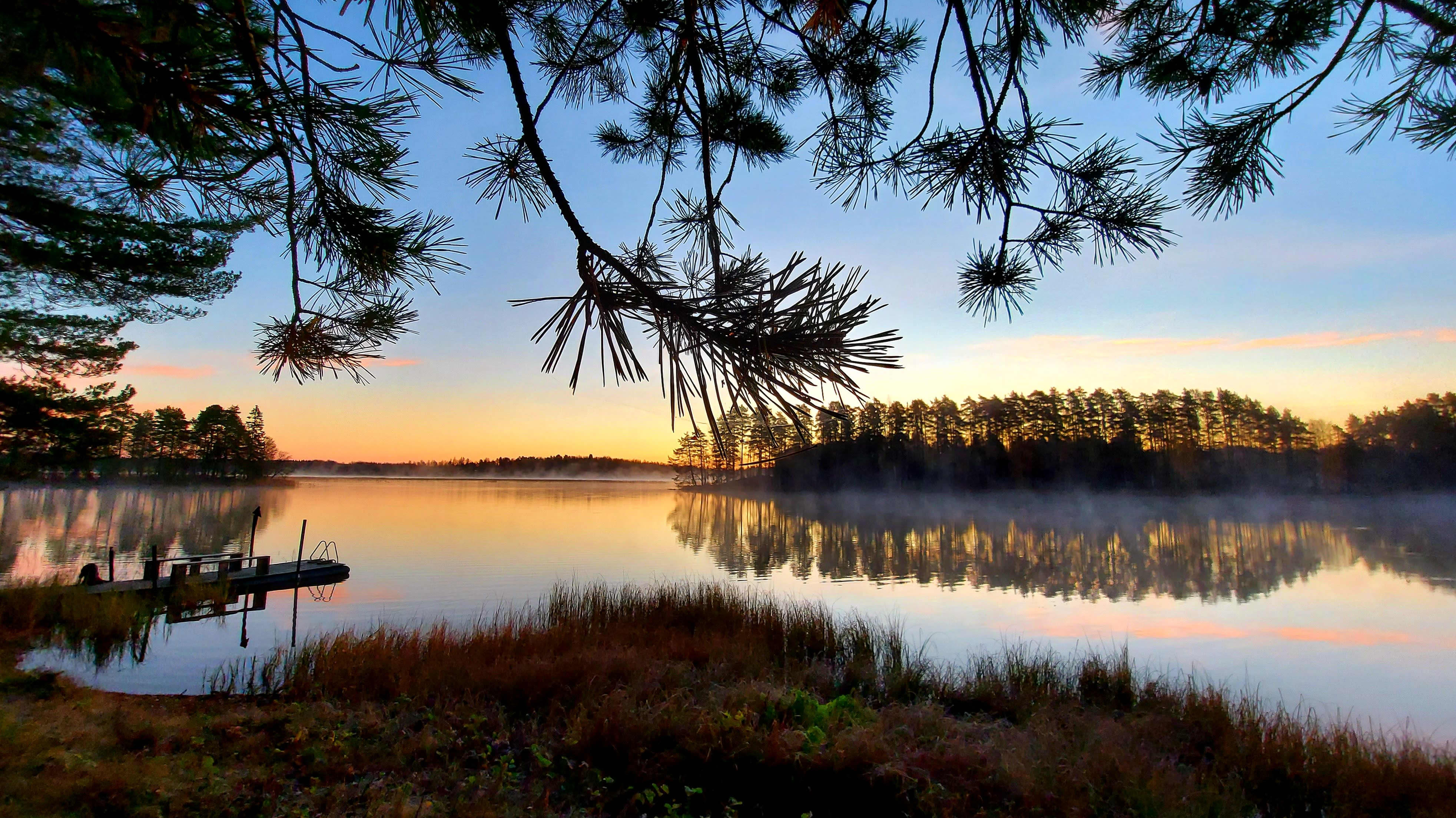 Lokakuinen auringonnousu tyynellä järvellä, jonka pinnalla on hieman usvaa. Kuvan etualalla on rantaa ja männynoksia.