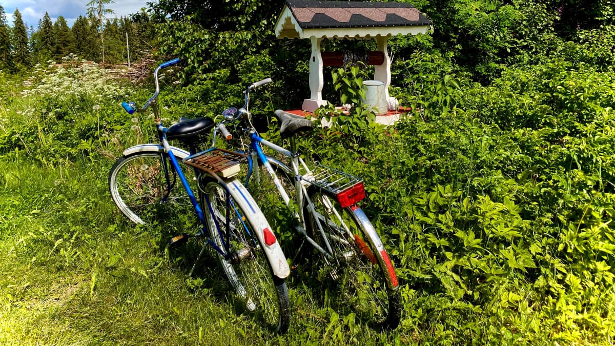 Kaksi polkupyörää pihakaivon edessä
