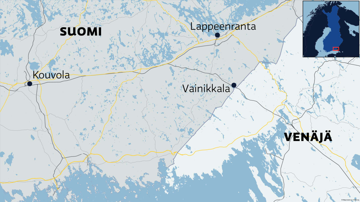 Kartta, jossa näkyy Vainikkalan, Lappeenrannan ja Kouvolan sijainti.