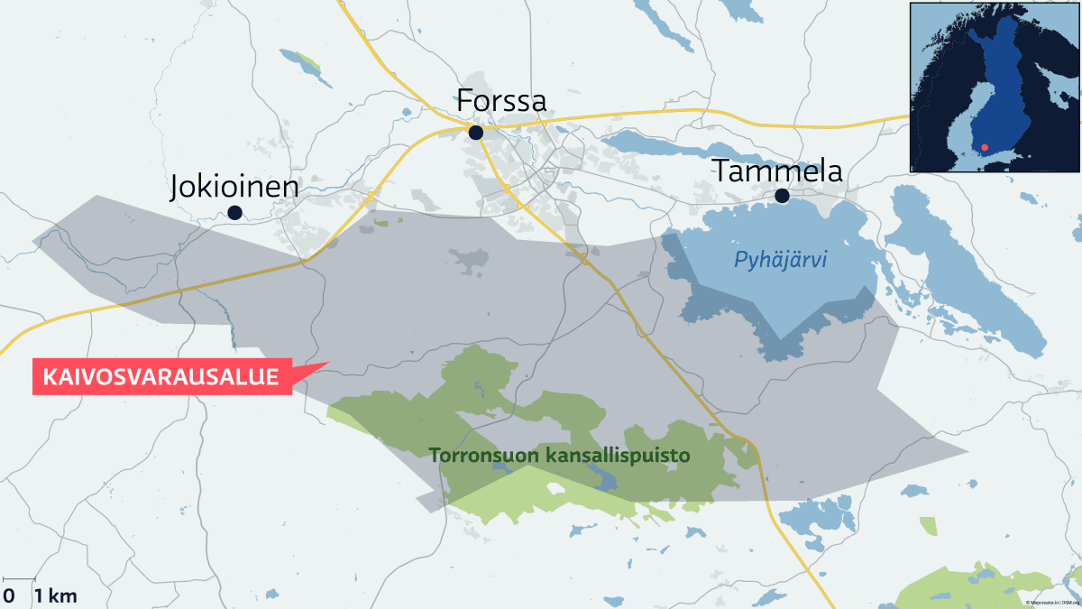Kartta jossa näkyy kaivosvarausalue joka ulottuu myös Torronsuon alueelle.