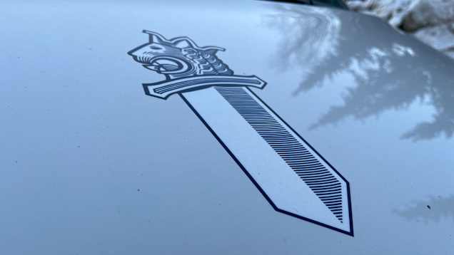 Poliisin miekan kuva auton valkoisella konepellillä. Pellistä heijastuu puita, lähinnä kuusia. 