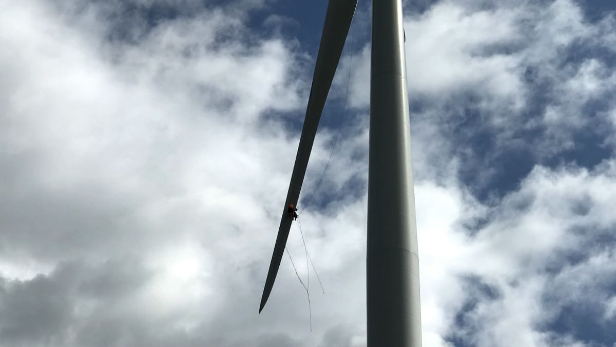 Mies tekee huoltohommia tuulivoimalan siivessä roikkuen köysien avulla