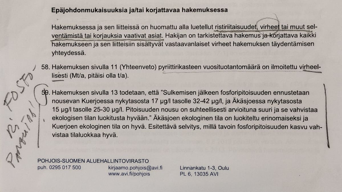 Kuva Pohjois-Suomen aluehallintoviraston paperista, jossa tuodaan esiin epäjohdonmukaisuuksia ja korjattavia asioita Hannukaisen kaivosluvan hakemuksesta.