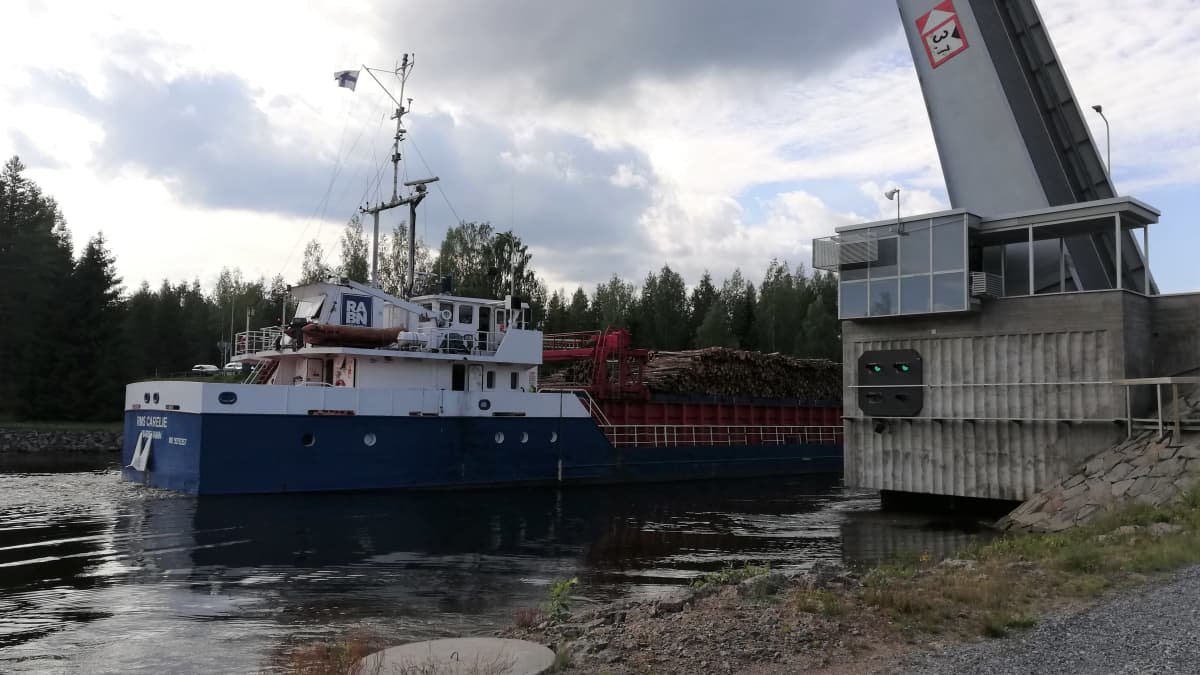 Puutavaraa kuljettava rahtialus RMS Carelie ohittaa Kansolan läppäsillan Saimaan kanavassa.