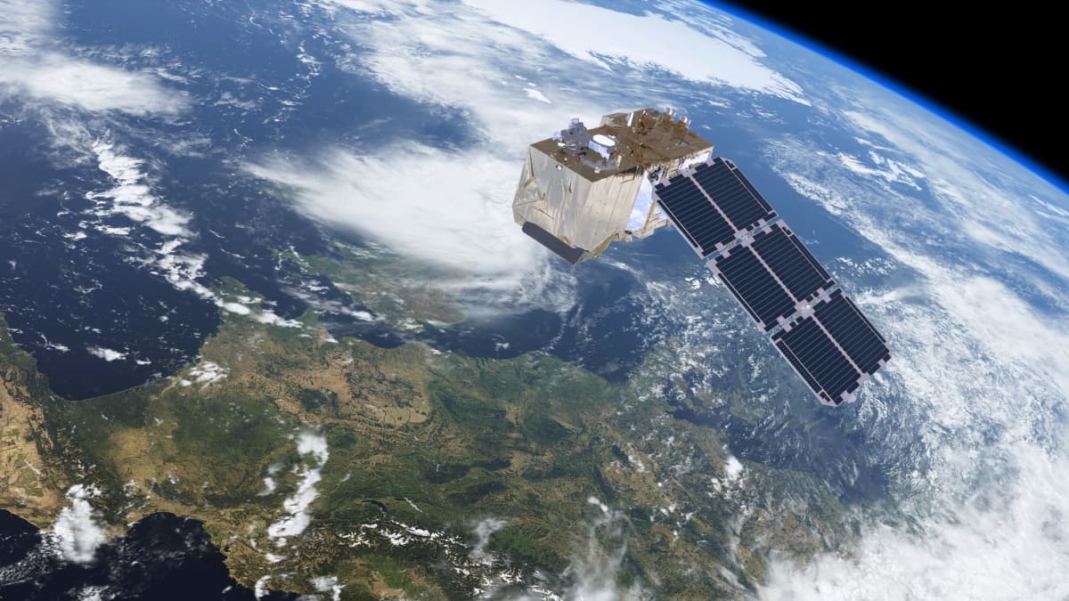 Sentinel-2 -satelliitti piirroskuvassa Maan päällä.