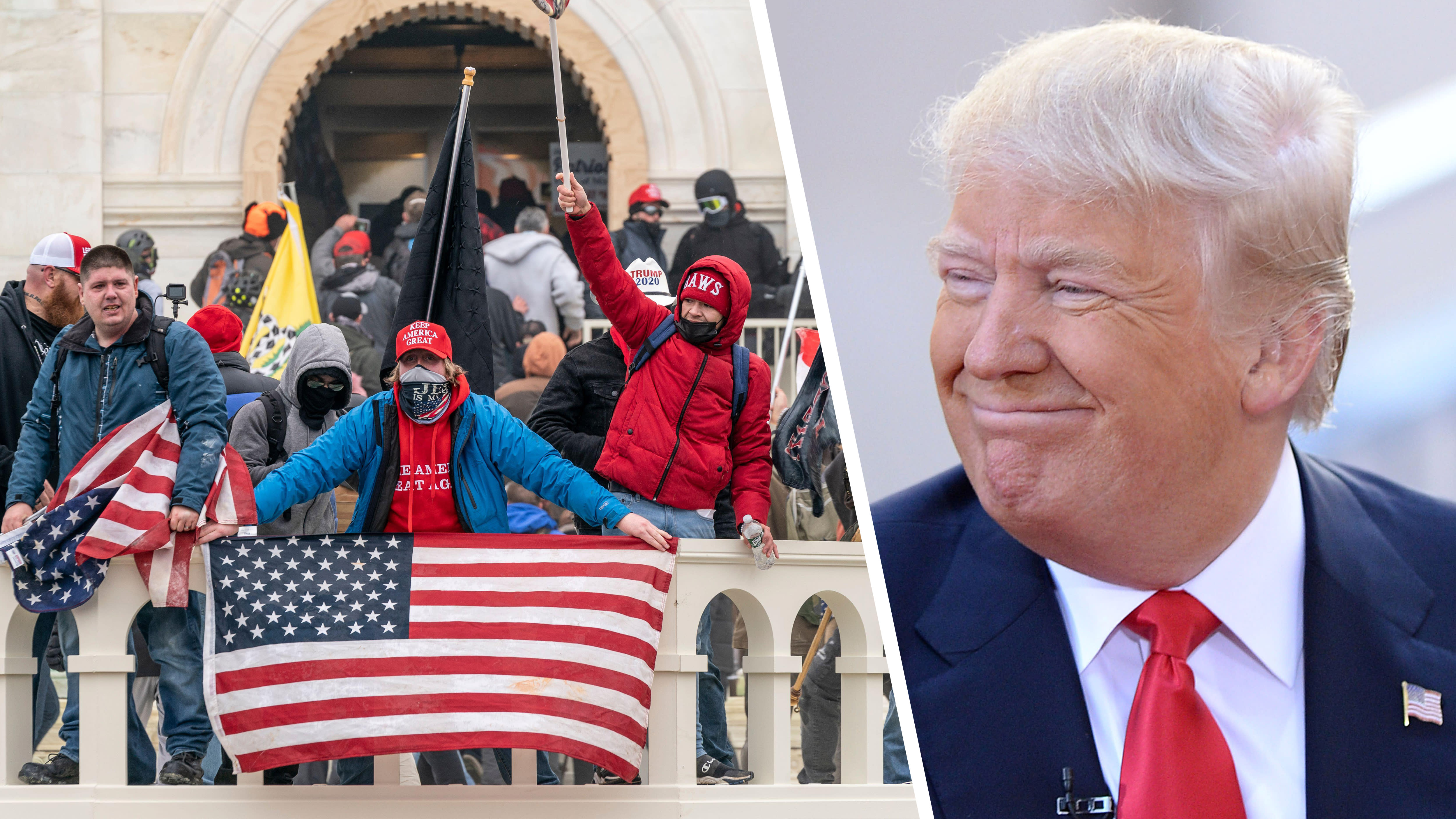 Collage av två bilder. Till vänster syns Donald Trump-anhängare utanför Capitolium 6.1.2021. Till höger syns Donald Trump som tittar åt sidan och ler.