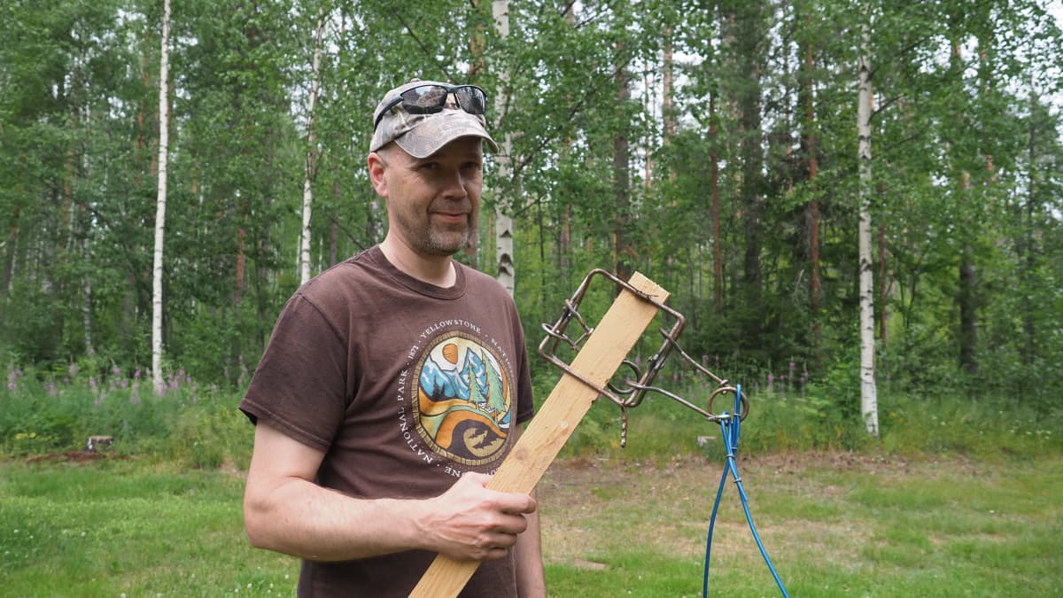 Riistasuunnittelija Kai-Eerik Nyholm pitelee puukapulassa kiinni olevaa pienpetopyydystä kädessään.