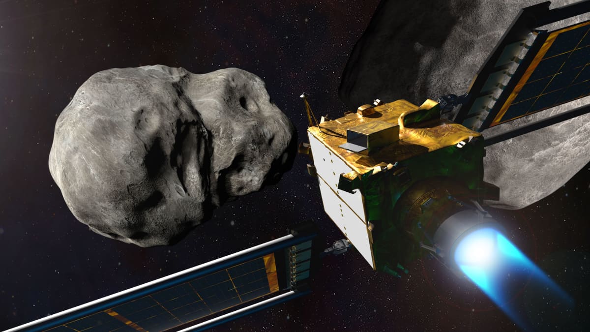 Havainnekuva NASA:n testistä siirtää asteroidin kulkusuuntaa
